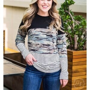 Grace & Emma Camo Stripe Long Sleeve Top XL‎ Women's New Black Green Blue White